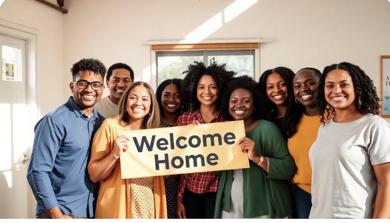 A community team holding a Welcome Home sign